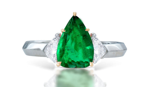 1 custom made unique pear emerald center stone with trillion diamond accents three stone engagement ring