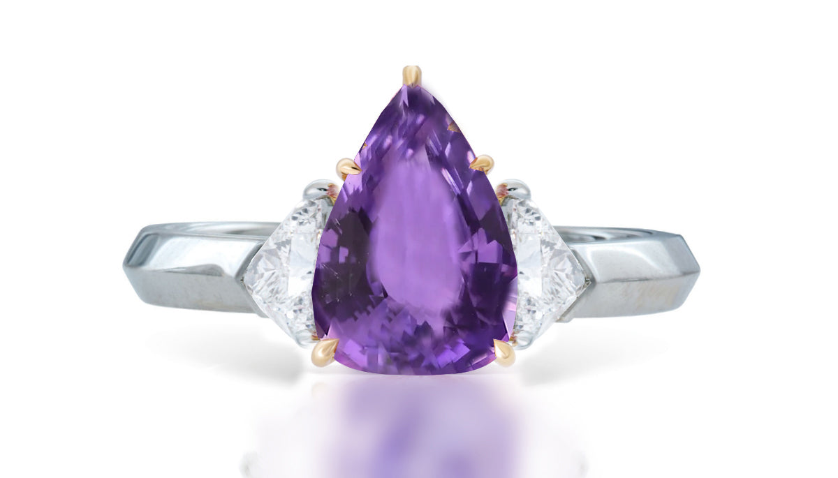 1 custom made unique pear purple sapphire center stone with trillion diamond accents three stone engagement ring
