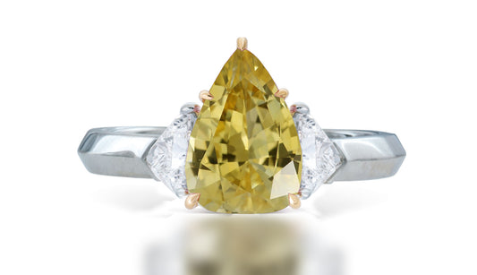 1 custom made unique pear yellow sapphire center stone with trillion diamond accents three stone engagement ring