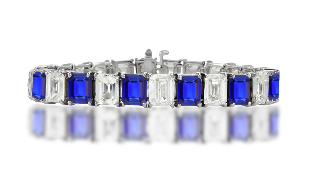 1 custom unique alternating emerald cut blue sapphire and diamond tennis bracelet