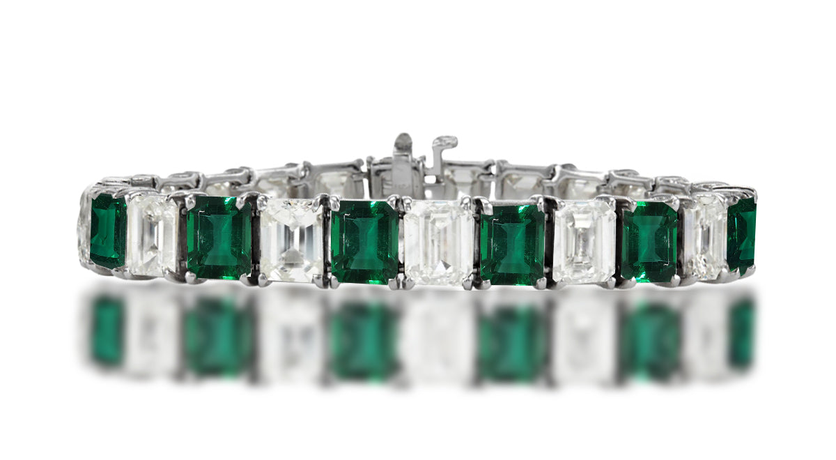 1 custom unique alternating emerald cut emerald and diamond tennis bracelet