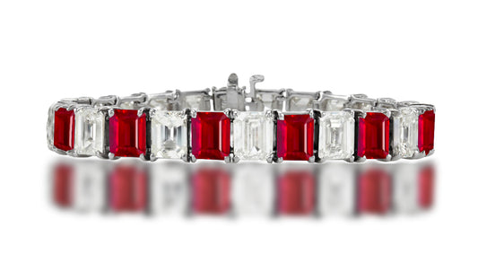 1 custom unique alternating emerald cut ruby and diamond tennis bracelet
