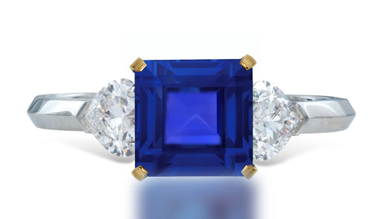 10 custom made unique square blue sapphire center stone with heart diamond accents three stone engagement ring