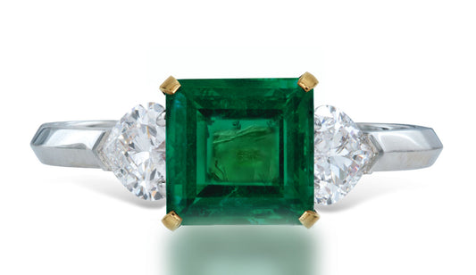 10 custom made unique square emerald center stone with heart diamond accents three stone engagement ring