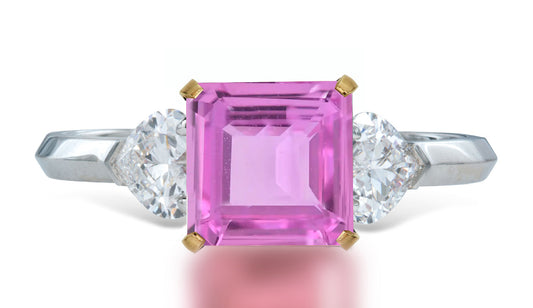 10 custom made unique square pink sapphire center stone with heart diamond accents three stone engagement ring