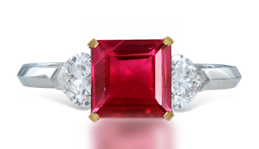 10 custom made unique square ruby center stone with heart diamond accents three stone engagement ring