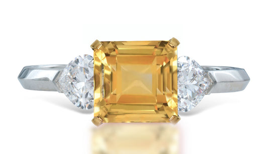 10 custom made unique square yellow sapphire center stone with heart diamond accents three stone engagement ring
