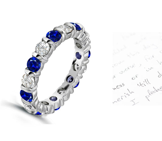 101 custom made unique stackable alternating round blue sapphire and diamond bar seteternity ring