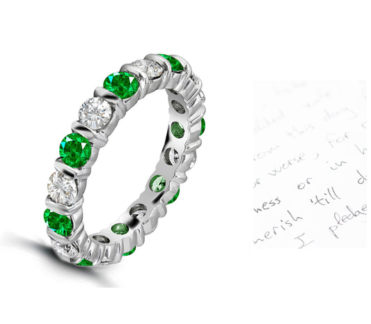 101 custom made unique stackable alternating round emerald and diamond bar seteternity ring