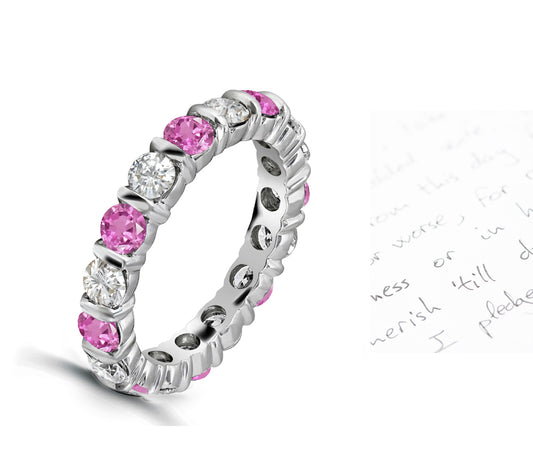 101 custom made unique stackable alternating round pink sapphire and diamond bar seteternity ring