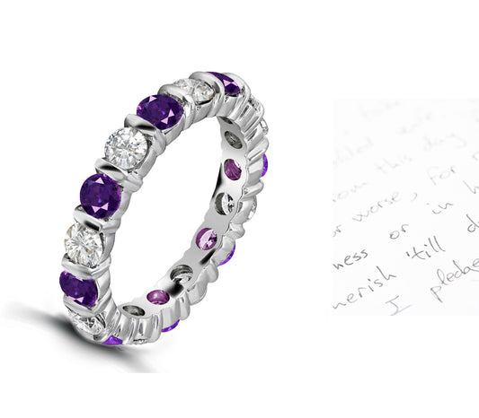 101 custom made unique stackable alternating round purple sapphire and diamond bar set eternity ring