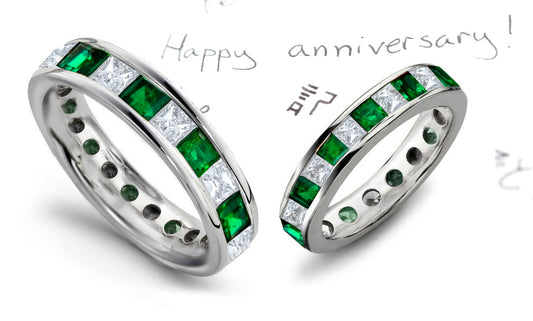 eternity ring channel set with square emeralds and diamonds