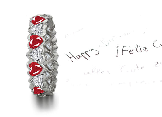 stackable eternity ring with alternating heart rubies and diamonds