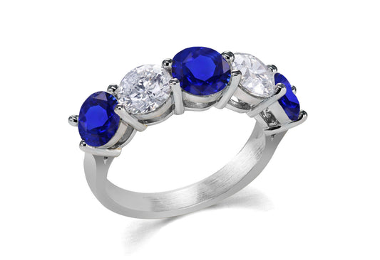 104 custom made unique stackable alternating round cut blue sapphire and diamond five stone anniversary ring