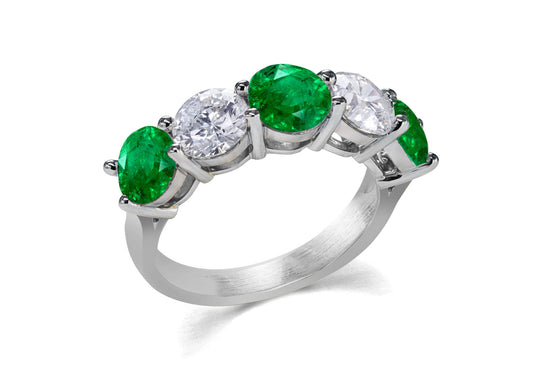 104 custom made unique stackable alternating round cut emerald and diamond five stone anniversary ring