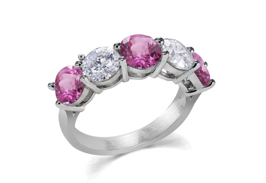 104 custom made unique stackable alternating round cut pink sapphire and diamond five stone anniversary ring