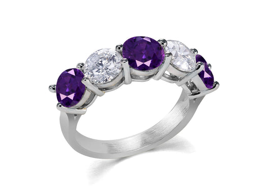 104 custom made unique stackable alternating round cut purple sapphire and diamond five stone anniversary ring