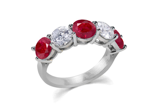 104 custom made unique stackable alternating round cut ruby and diamond five stone anniversary ring
