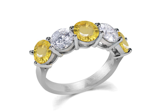 104 custom made unique stackable alternating round cut yellow sapphire and diamond five stone anniversary ring