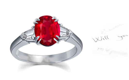 106 custom made unique oval cut ruby center stone and bullet diamond side three stone engagement ring