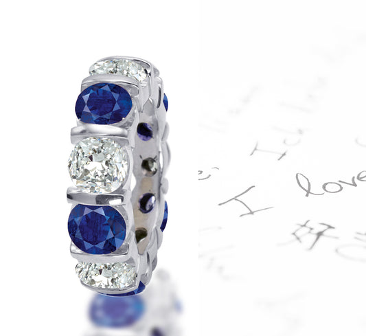 108 custom made unique stackable alternating round cut blue sapphire and diamond bar set eternity ring