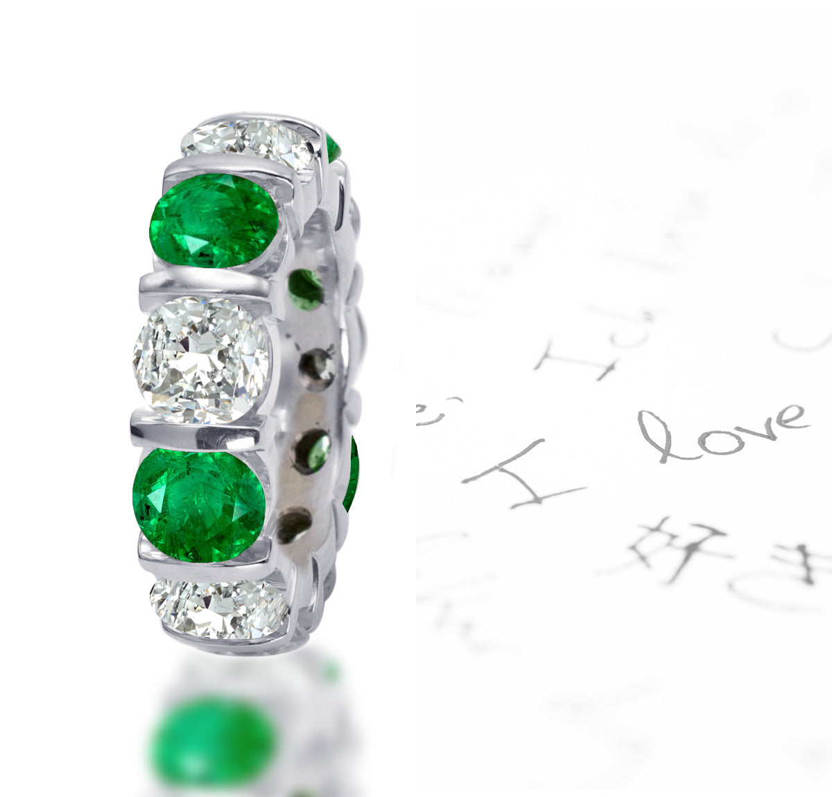 108 custom made unique stackable alternating round cut emerald and diamond bar set eternity ring