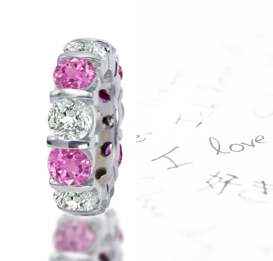 108 custom made unique stackable alternating round cut pink sapphire and diamond bar set eternity ring