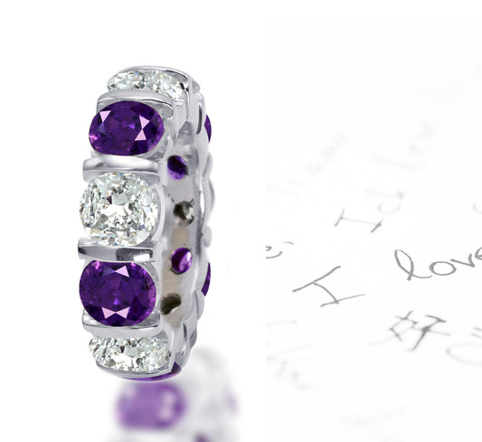 108 custom made unique stackable alternating round cut purple sapphire and diamond bar set eternity ring