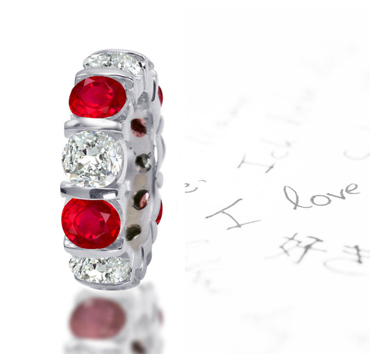 108 custom made unique stackable alternating round cut ruby and diamond bar set eternity ring
