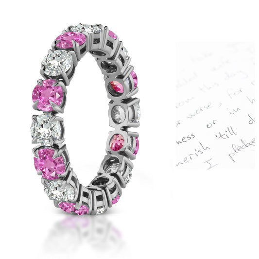 109 custom made unique stackable alternating round cut pink sapphire and diamond prong set eternity ring