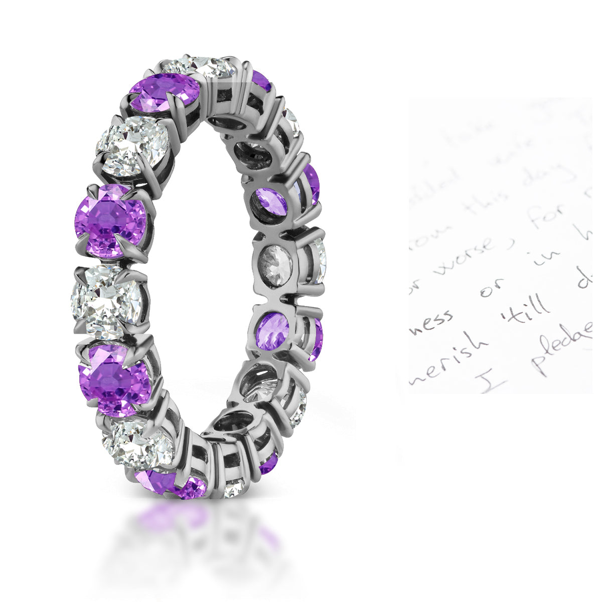 109 custom made unique stackable alternating round cut purple sapphire and diamond prong set eternity ring