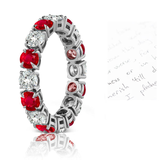 109 custom made unique stackable alternating round cut ruby and diamond prong set eternity ring