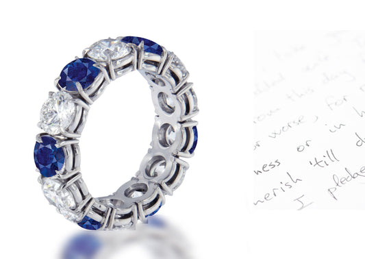 110 custom made unique stackable alternating round cut blue sapphire diamond prong set eternity ring