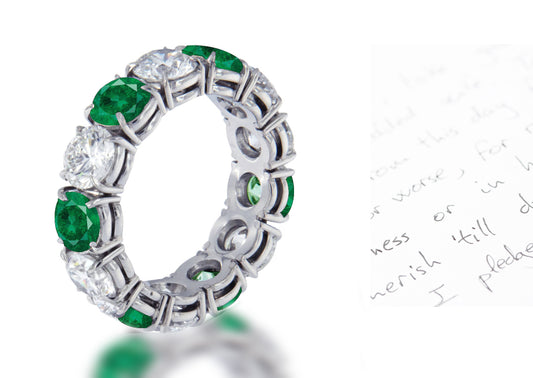 110 custom made unique stackable alternating round cut emerald diamond prong set eternity ring