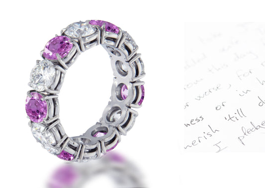 110 custom made unique stackable alternating round cut pink sapphire diamond prong set eternity ring