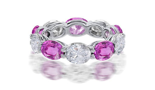 111 custom made unique stackable alternating oval cut pink sapphire diamond prong set eternity ring