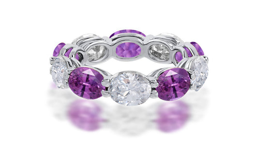 111 custom made unique stackable alternating oval cut purple sapphire diamond prong set eternity ring