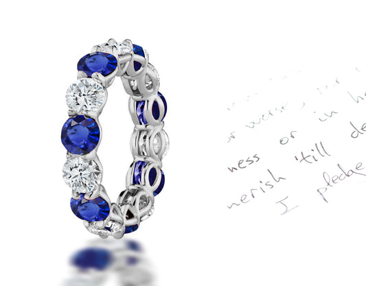 112 custom made unique stackable alternating round cut blue sapphire diamond prong set eternity ring