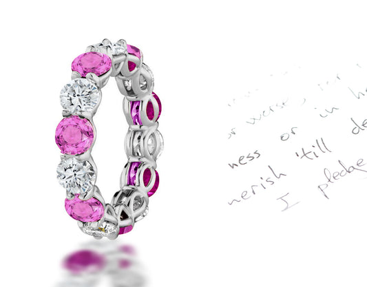 112 custom made unique stackable alternating round cut pink sapphire diamond prong set eternity ring