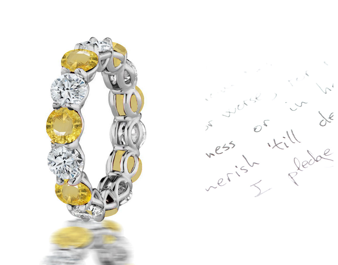 112 custom made unique stackable alternating round cut yellow sapphire diamond prong set eternity ring