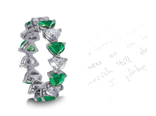 113 custom made unique stackable alternating heart emerald diamond prong set eternity ring