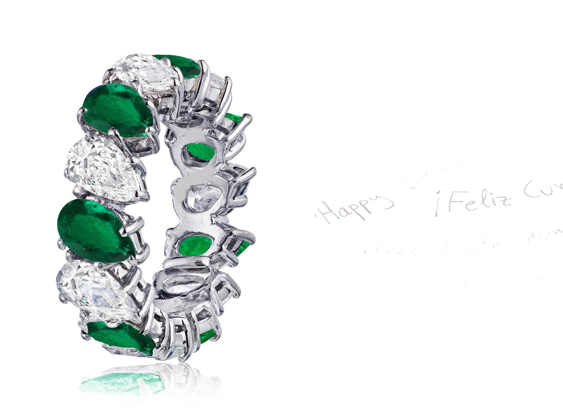116 custom made unique stackable alternating pears emerald diamond prong set eternity ring