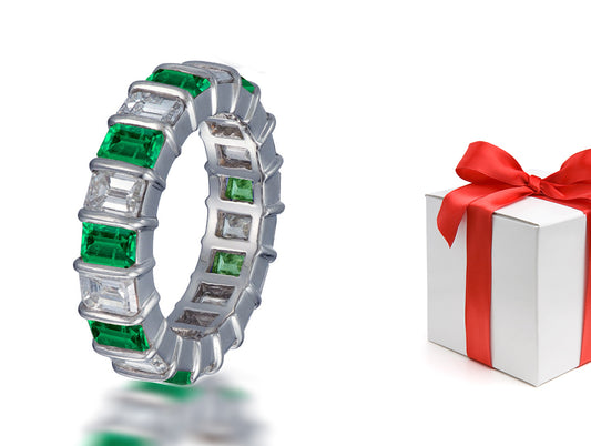 119 custom made unique stackable alternating emerald cut emerald and diamond bar set eternity ring