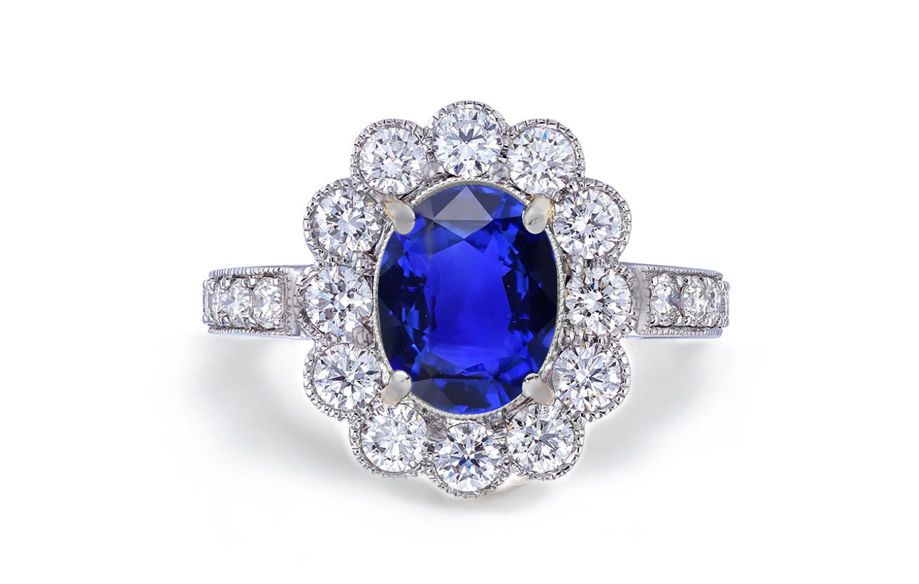 1201 custom made vintage inspired blue sapphire and diamond floral halo engagement rings