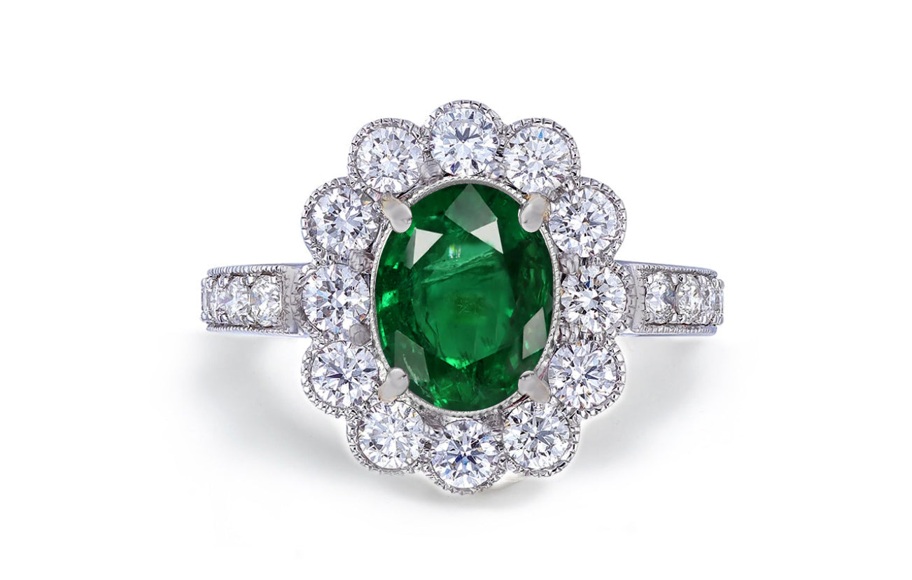 1201 custom made vintage inspired emerald and diamond floral halo engagement rings