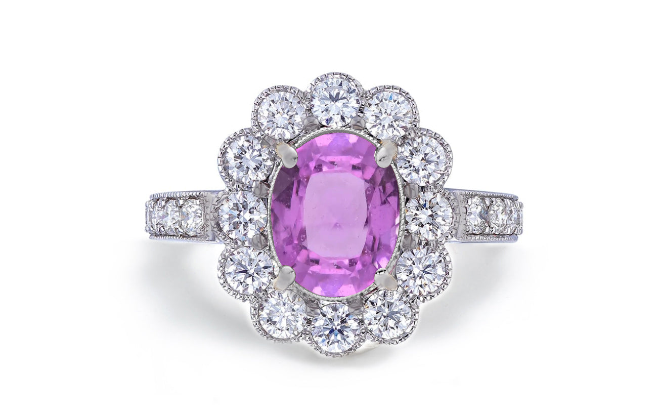 1201 custom made vintage inspired pink sapphire and diamond floral halo engagement rings
