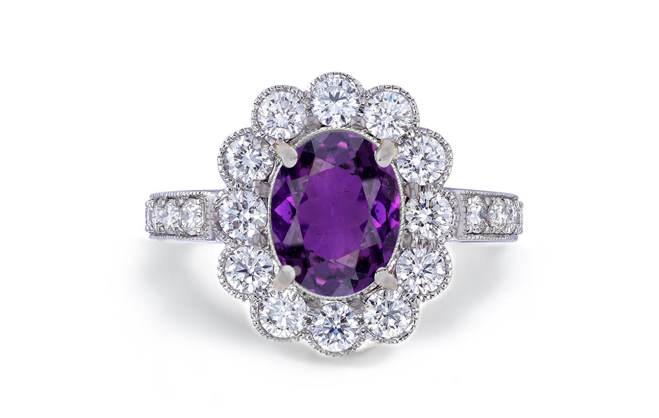 1201 custom made vintage inspired purple sapphire and diamond floral halo engagement rings