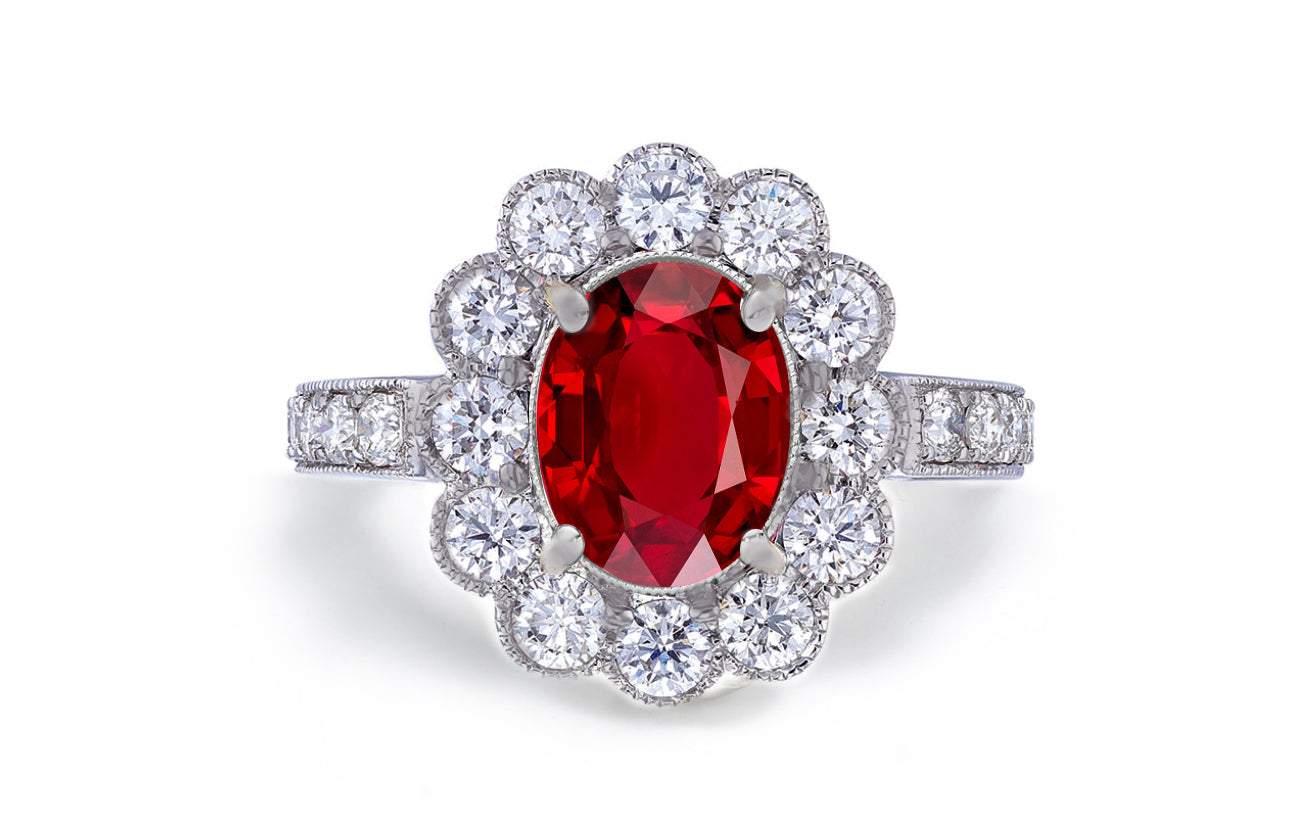 1201 custom made vintage inspired ruby and diamond floral halo engagement rings