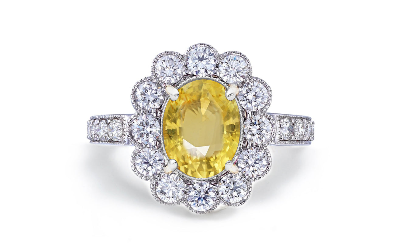 1201 custom made vintage inspired yellow sapphire and diamond floral halo engagement rings