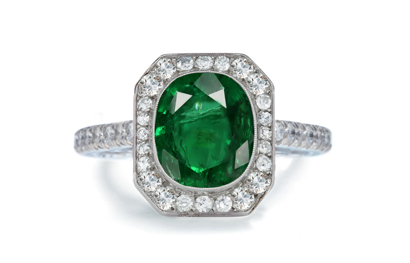 1203 custom made vintage inspired emerald and diamond floral halo engagement rings